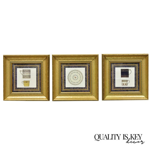Vintage Artistic Innovations Gold Framed Wall Art Print Plate and Cups, 3 Pc Set