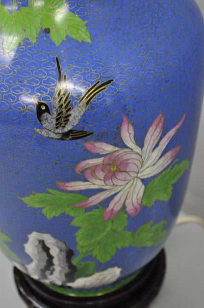 Vintage Chinoiserie Blue Cloisonné Enamel Oriental Brass Satsuma Vase Table Lamp