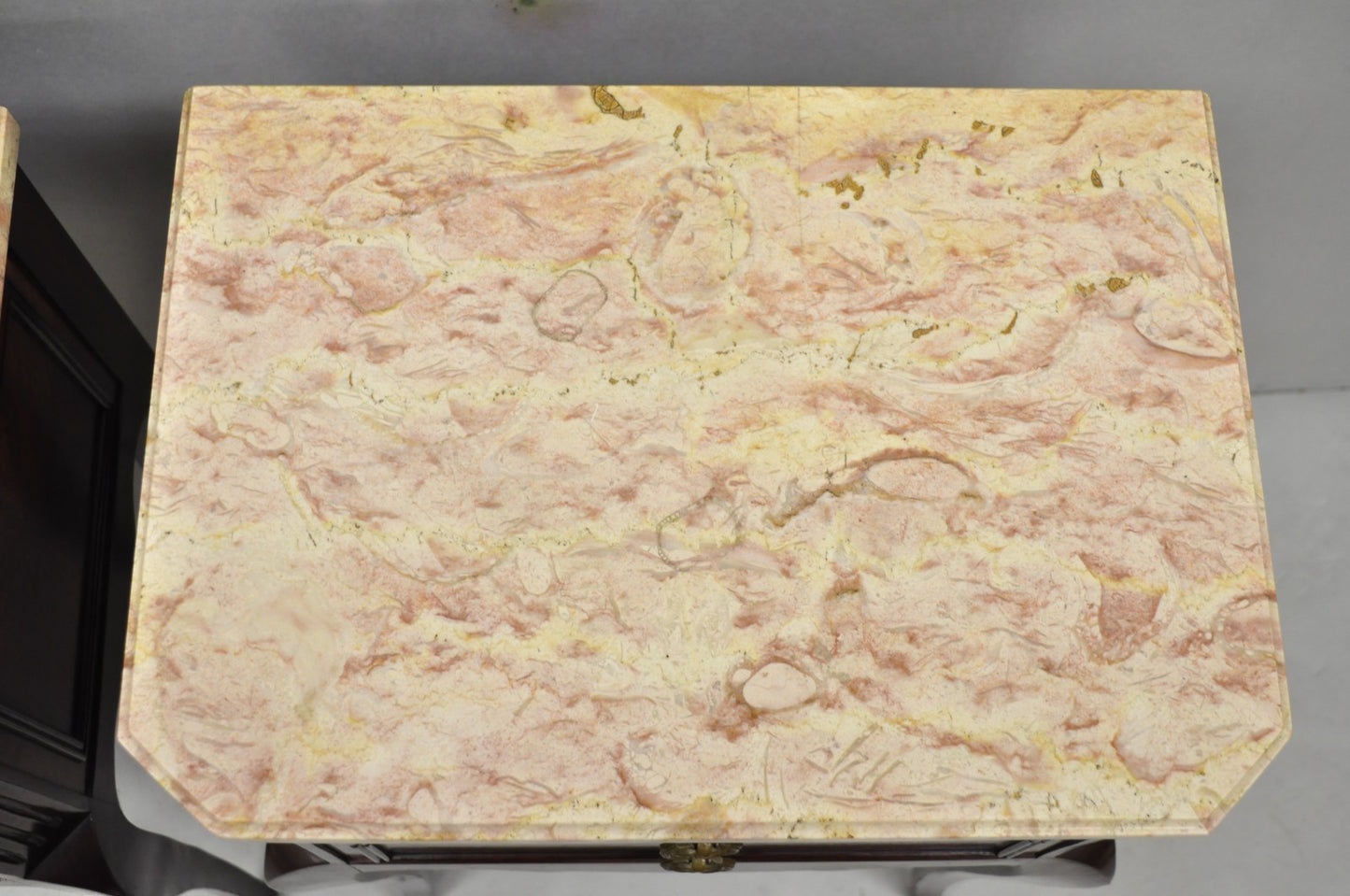 Vintage French Louis XV Style Pink Marble Top Mahogany Nighstand Table - a Pair