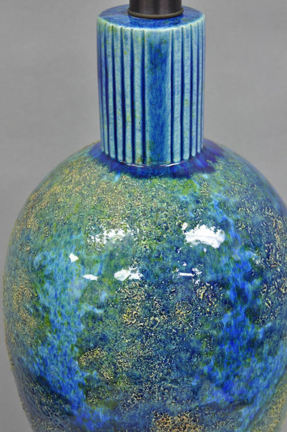 Vintage Mid Century Italian Modern Blue Glazed Ceramic Pottery Tall Table Lamp