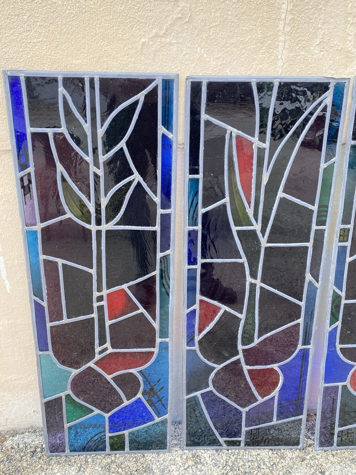 Vintage "Yo" & Door Art Deco Blue & Red Leaded Stained Glass Window 43x15 - 4 Pc