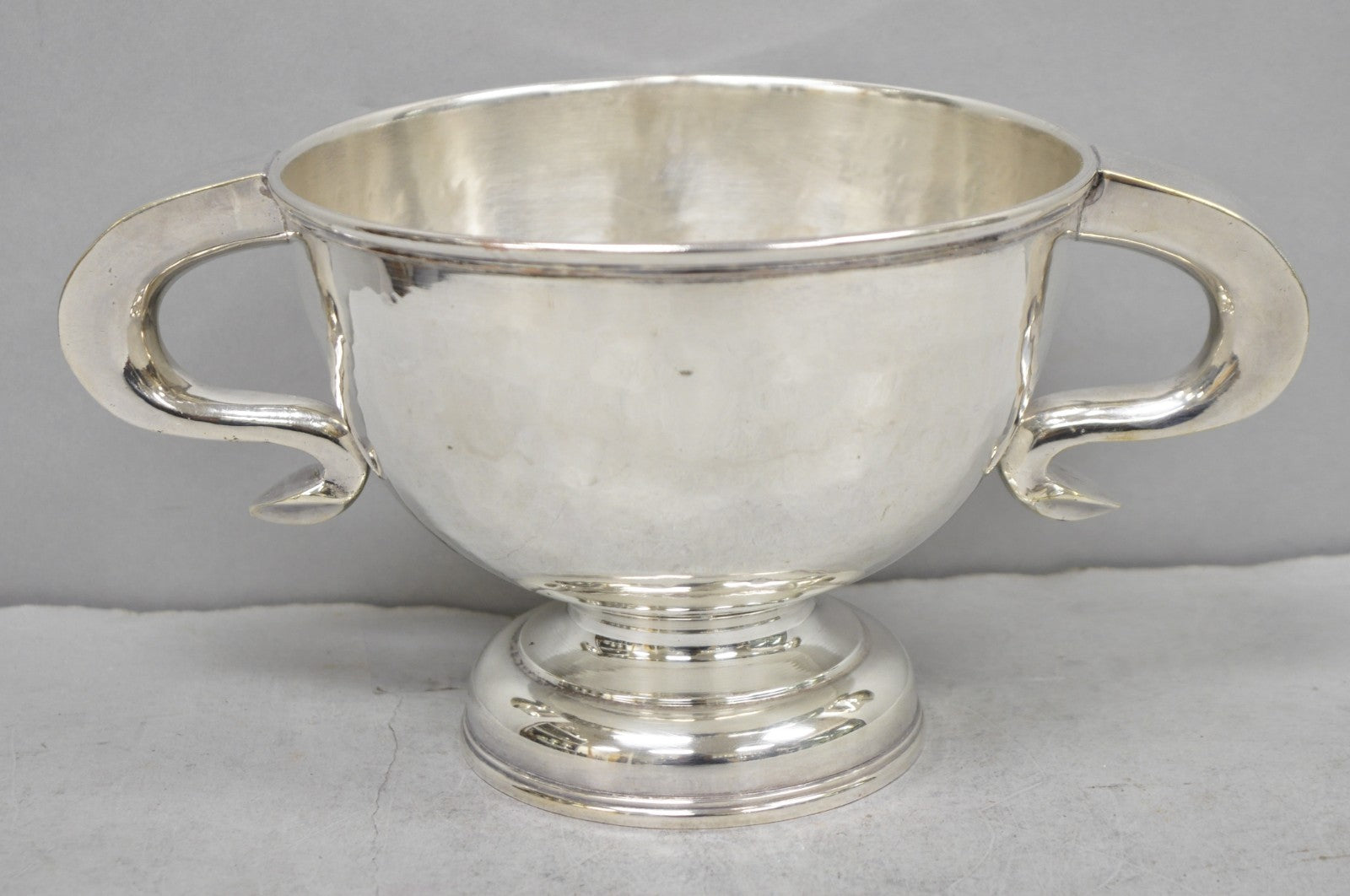 Antique Regency Silver Plated Thick Twin Handle Hand Hammered Trophy Cup Bowl