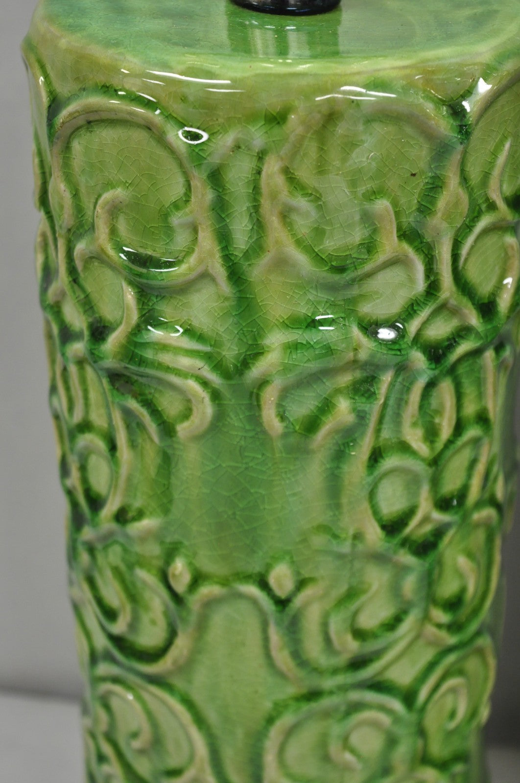 Contemporary Modern Green Glazed Ceramic Scroll Decorated Table Lamps - a Pair