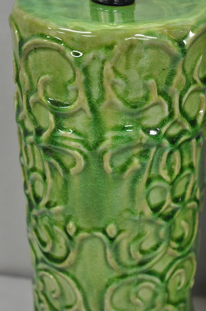 Contemporary Modern Green Glazed Ceramic Scroll Decorated Table Lamps - a Pair