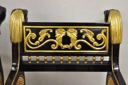 Egyptian Revival Regency Black Ebonized Gold Gilt Lion Head Throne Chairs - Pair