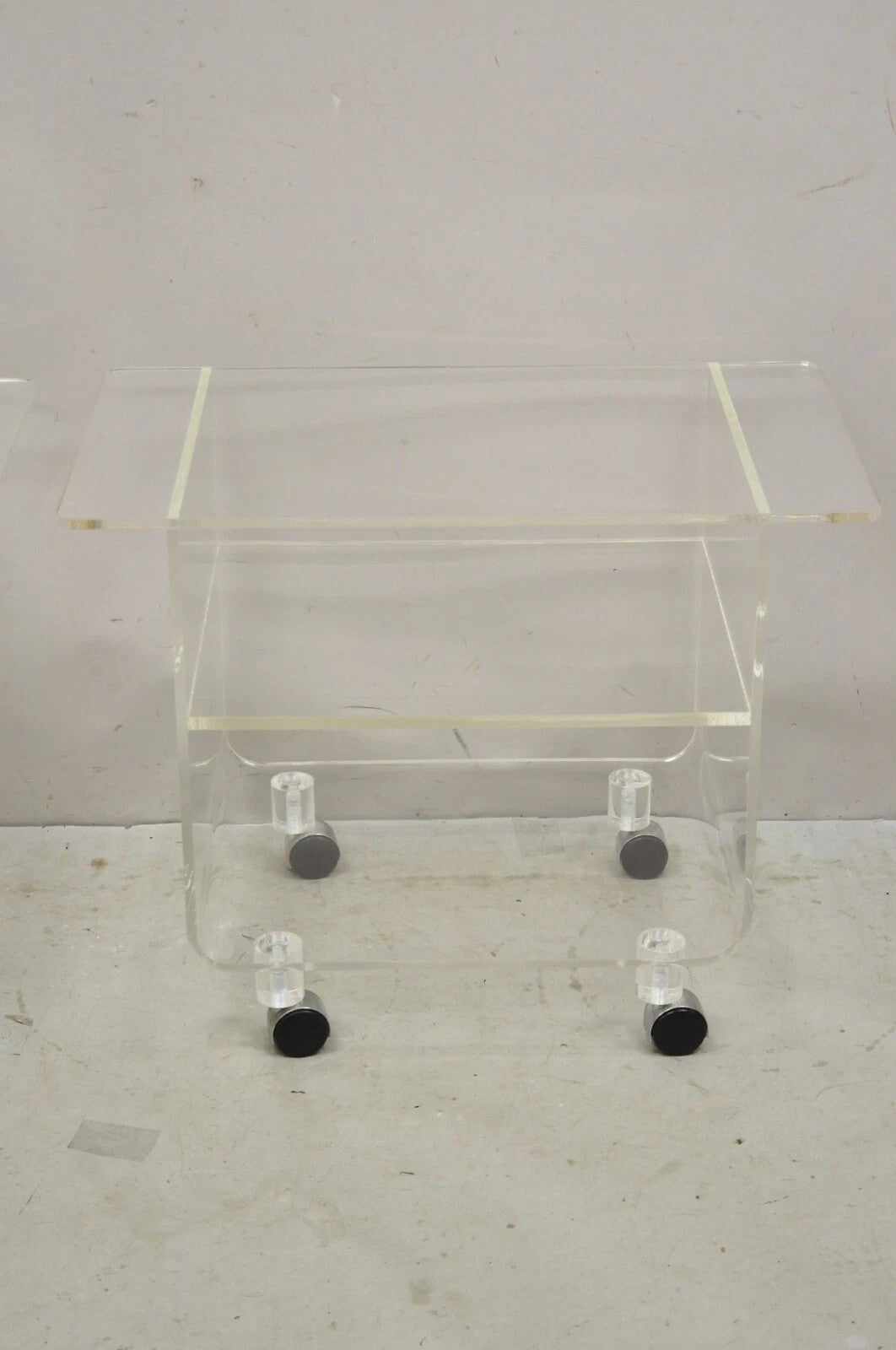Vintage Clear Lucite Acrylic Mid Century Modern Rolling Side Tables - a Pair