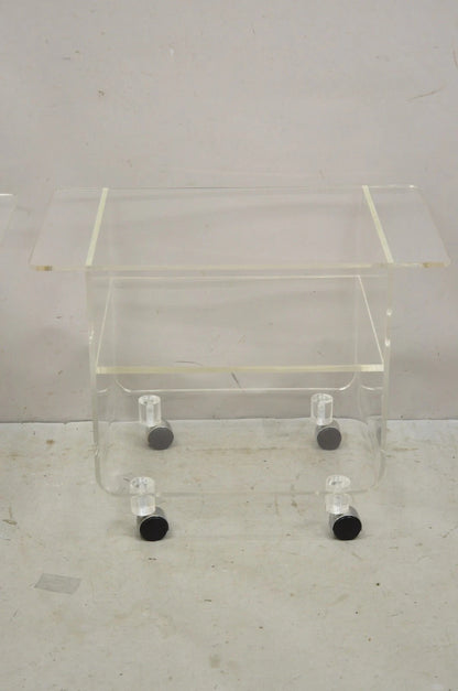 Vintage Clear Lucite Acrylic Mid Century Modern Rolling Side Tables - a Pair