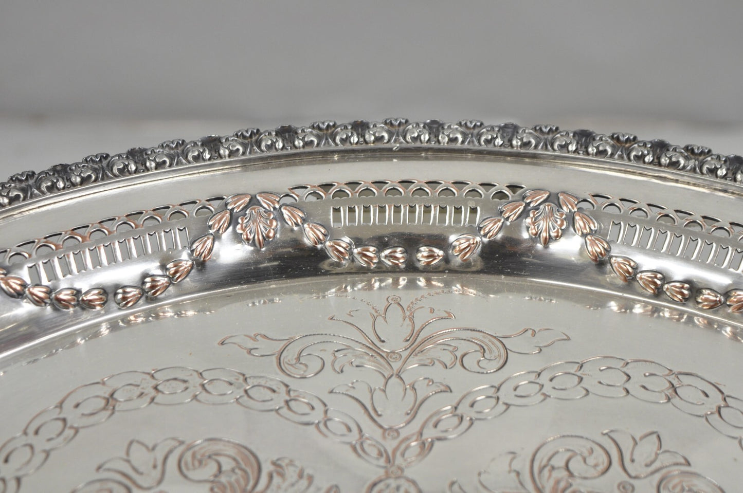 W.K. Cowan & Co 20" Round English Edwardian Silver Plated Footed Salver Tray