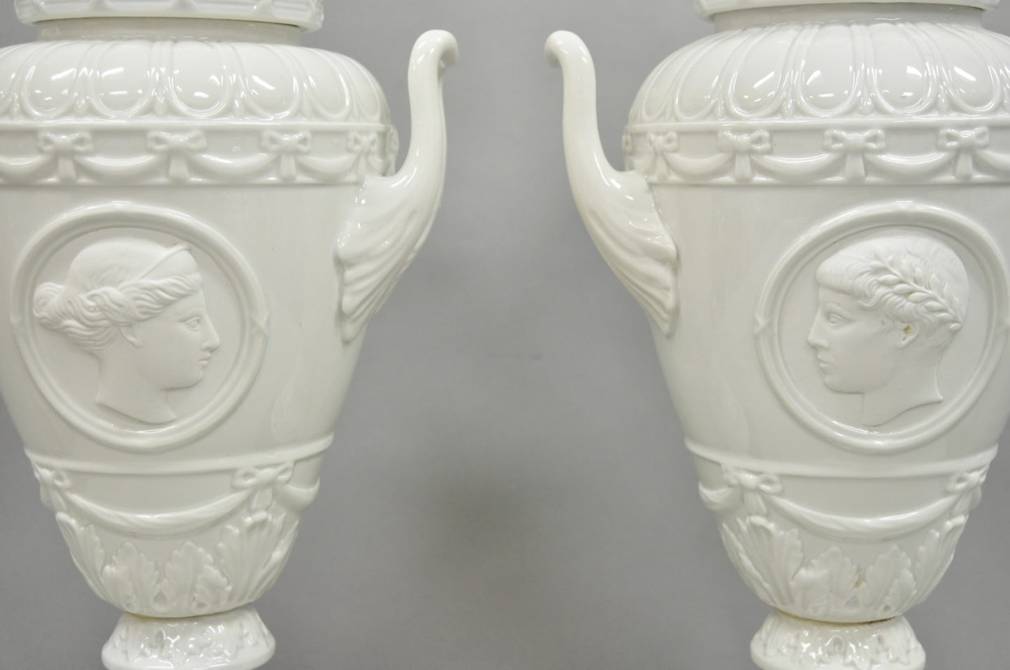 Antique Italian Neoclassical Greco Roman White Porcelain Urn Table Lamps - Pair