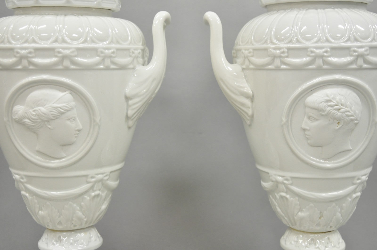 Antique Italian Neoclassical Greco Roman White Porcelain Urn Table Lamps - Pair