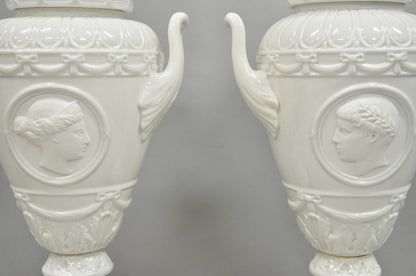 Antique Italian Neoclassical Greco Roman White Porcelain Urn Table Lamps - Pair