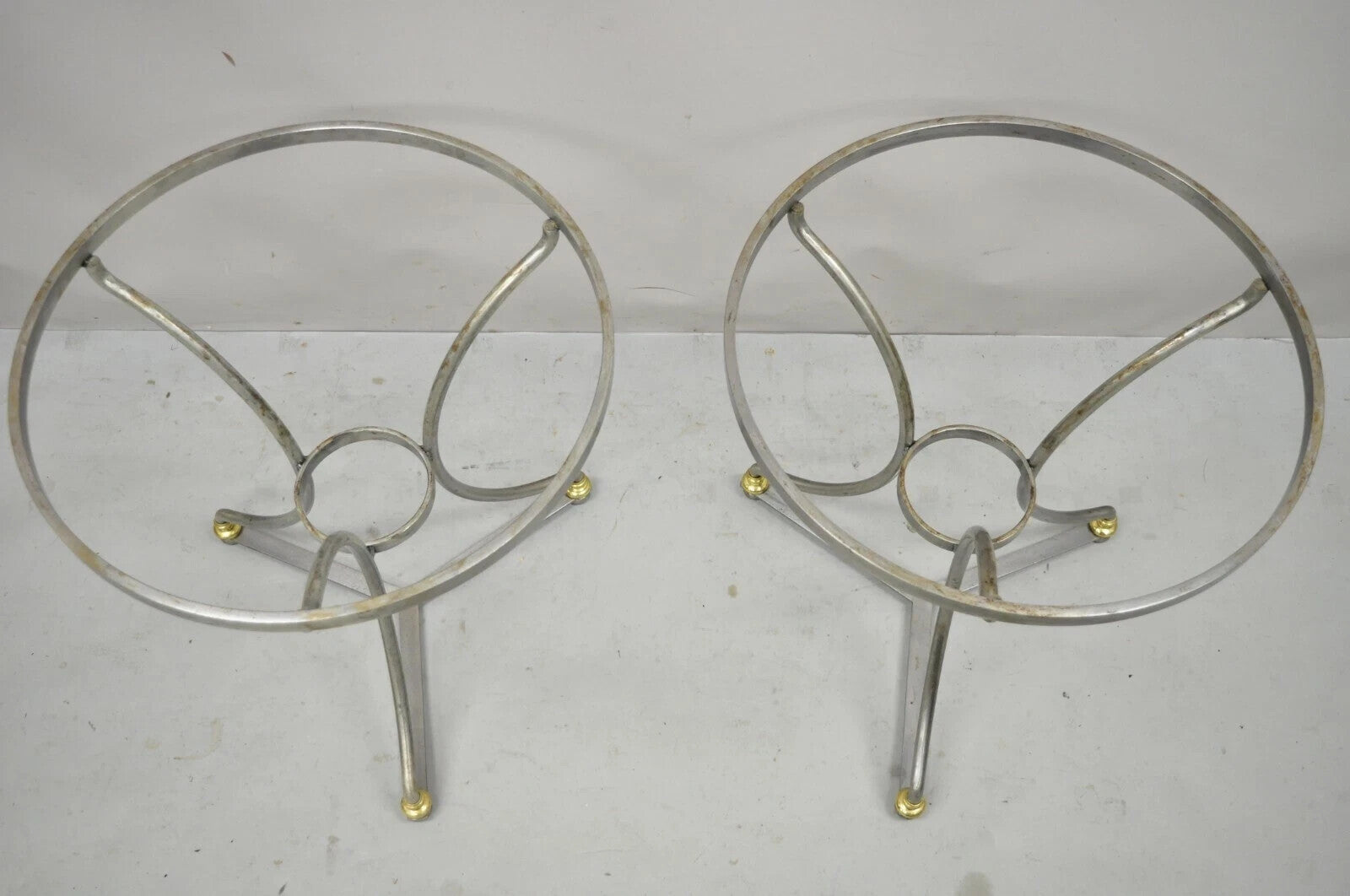 Italian Neoclassical Maison Jansen Style Steel & Brass Round End Tables - a Pair