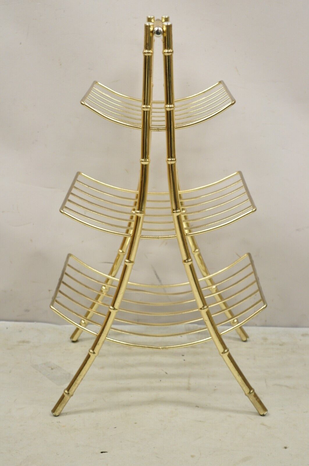 Vintage Gold Metal Faux Bamboo 3 Tier Hollywood Regency Magazine Rack Stand