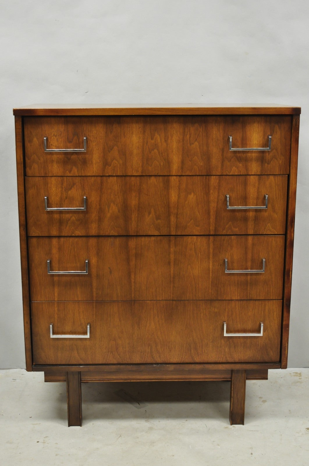 Vintage Mid Century Modern Walnut Veneer 4 Drawer Chrome Pull Tall Chest Dresser