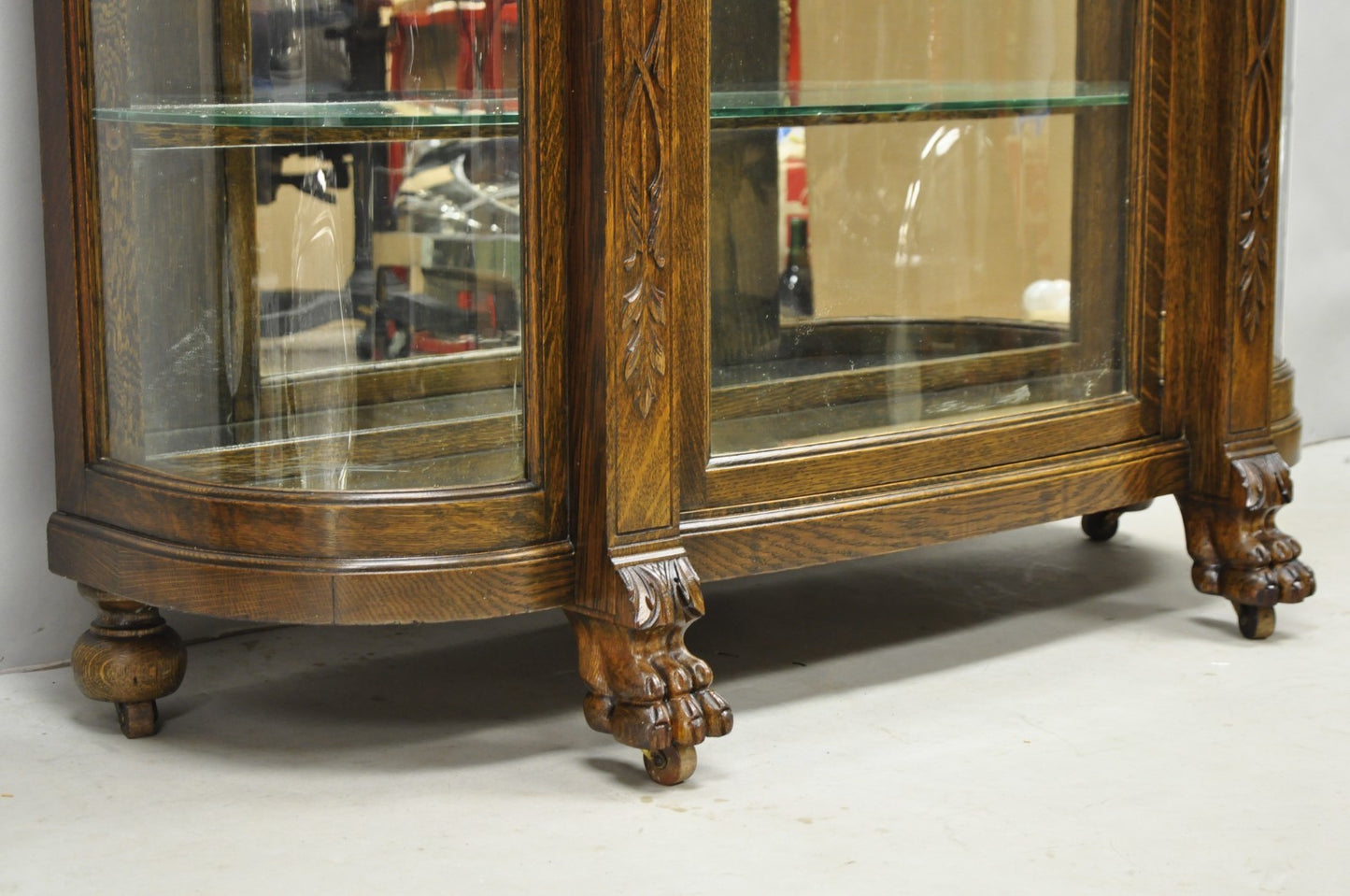 Antique American Empire Tiger Oak Curved Glass China Cabinet w/ Carved Griffins