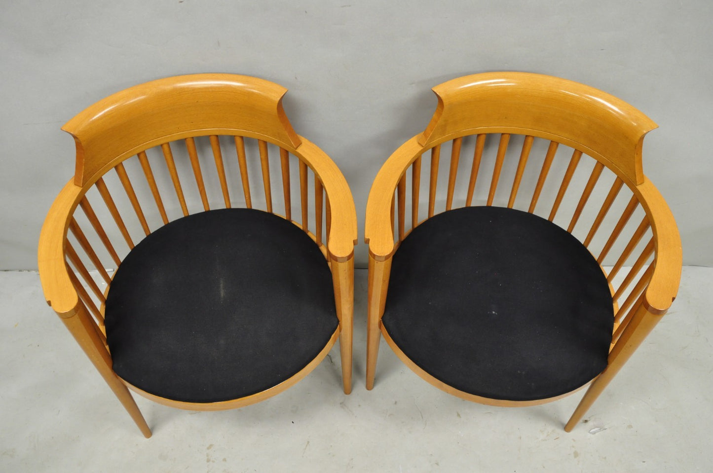 Vintage Postmodern Maple Wood Spindle Barrel Back Lounge Arm Chairs - a Pair