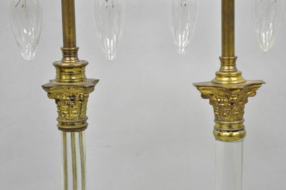 Antique Brass Corinthian Column Crystal Glass Candlestick Small Table Lamps Pair