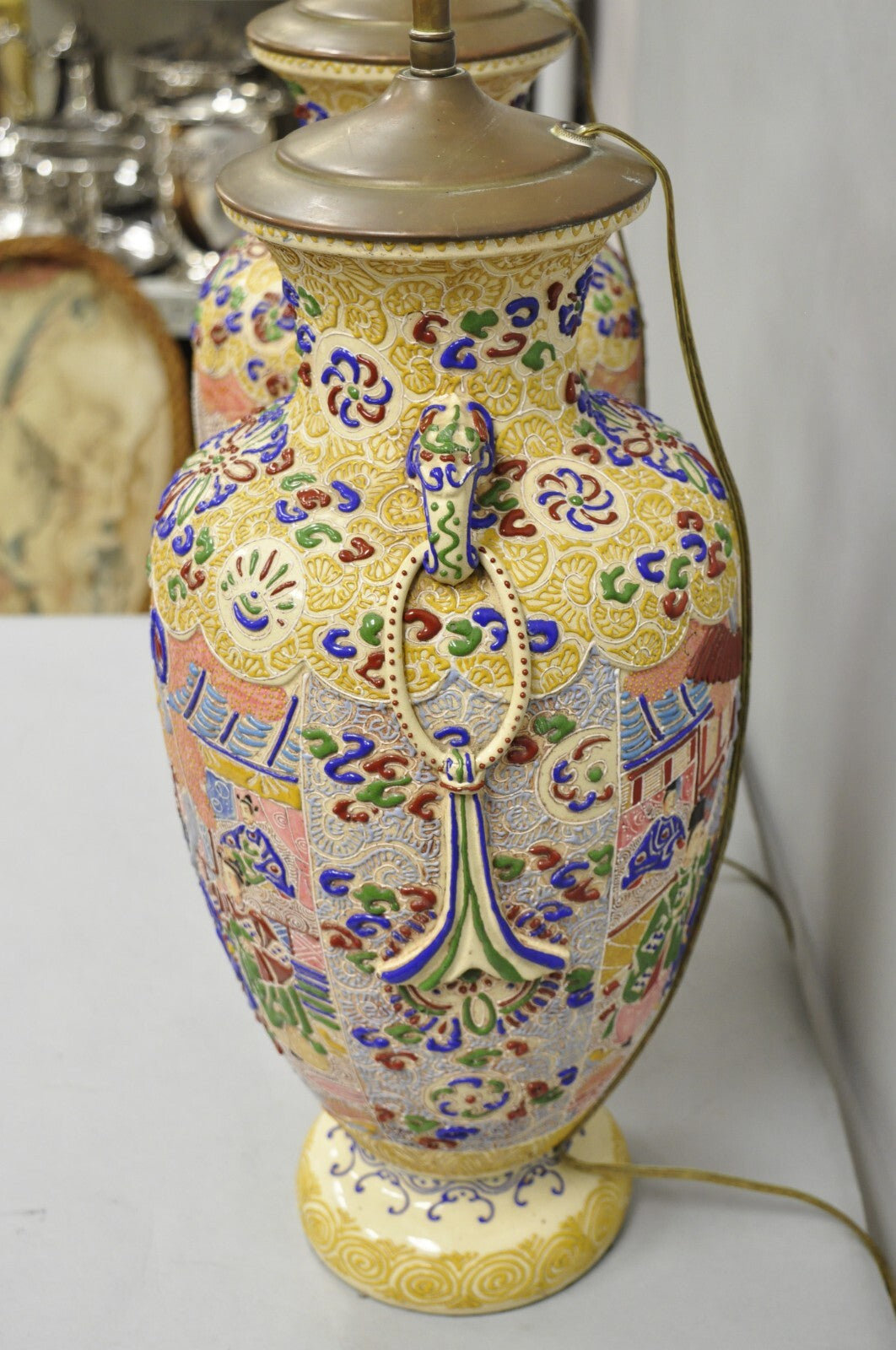 Antique Chinese Porcelain Painted Applied Scene Satsuma Vase Table Lamps - Pair