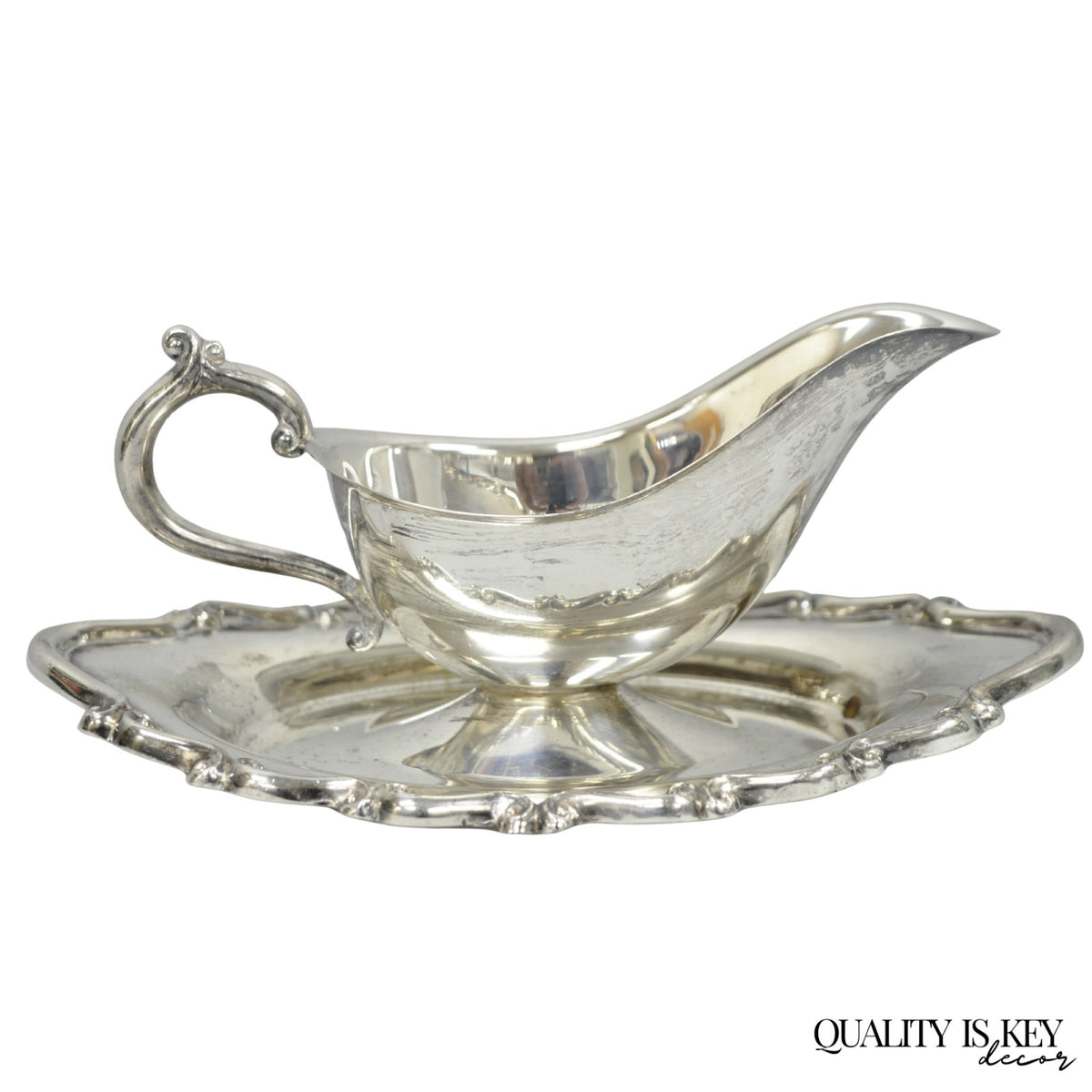 Vintage FB Rogers Silver Plated Victorian Gravy Sauce Boat w/ Attached Dish