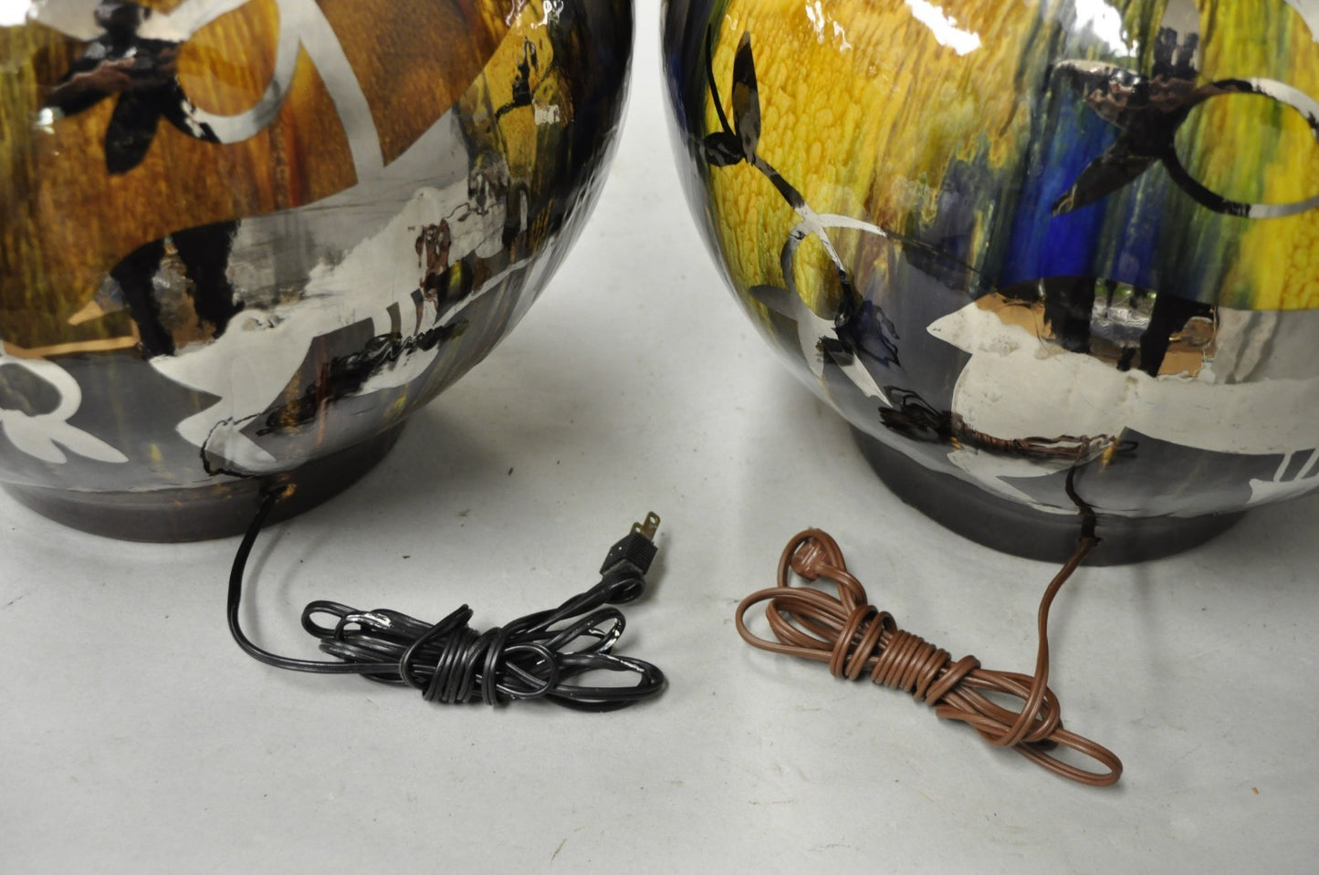 Mid Century Modern Ram Brown Drip Glaze Pottery Table Lamps by Sunset Cosco Pair