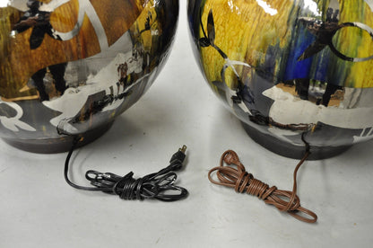 Mid Century Modern Ram Brown Drip Glaze Pottery Table Lamps by Sunset Cosco Pair