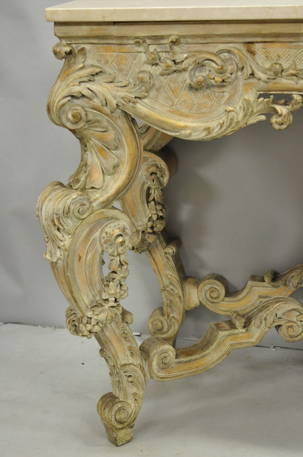 Antique French Louis XV Rococo Style Shell Carved 68" Marble Top Console Table