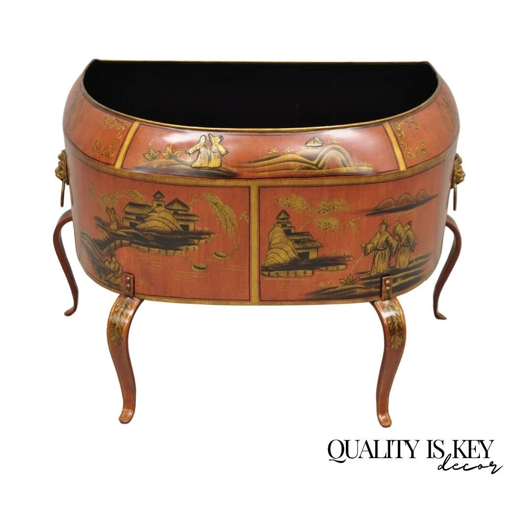 Italian Red Tole Metal Chinoiserie Gilt Decorated Floor Jardiniere Planter Pot