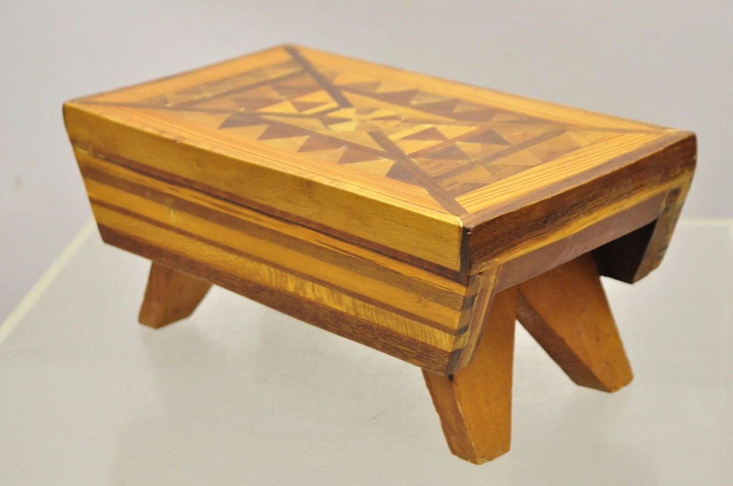 Vintage Folk Art Marquetry Inlay Small Wooden Primitive Footstool Ottoman Stool