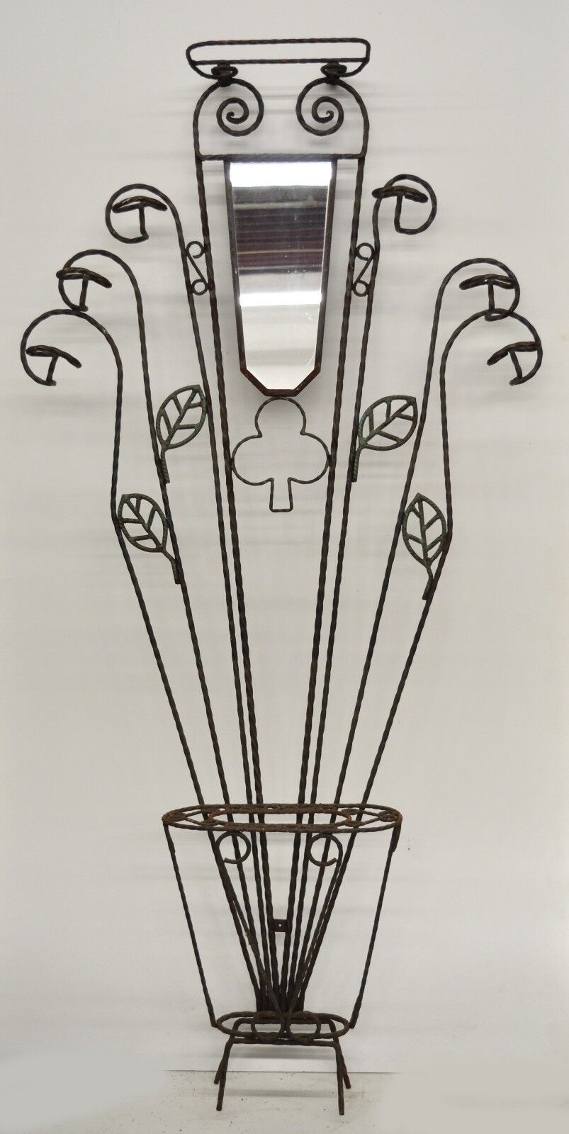 Arts & Crafts Style Scrolling Wrought Iron Mirror Umbrella Stand Coat Hall Tree