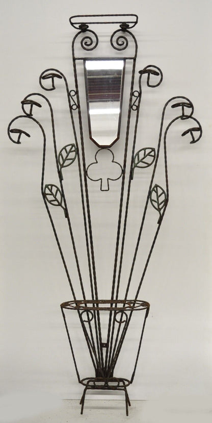 Arts & Crafts Style Scrolling Wrought Iron Mirror Umbrella Stand Coat Hall Tree