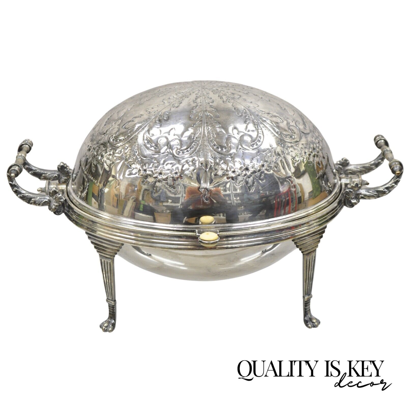 Antique Edwardian Silver Plated Revolving Dome Oval Chafing Dish Food Warmer