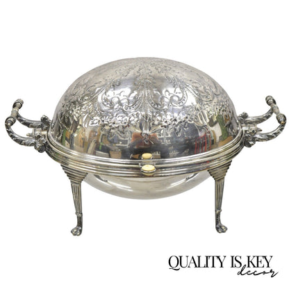 Antique Edwardian Silver Plated Revolving Dome Oval Chafing Dish Food Warmer
