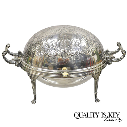 Antique Edwardian Silver Plated Revolving Dome Oval Chafing Dish Food Warmer