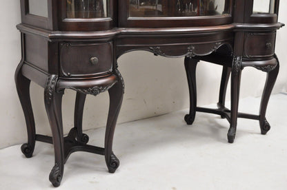 Antique French Renaissance Dark Walnut Triple Bowed Glass China Cabinet