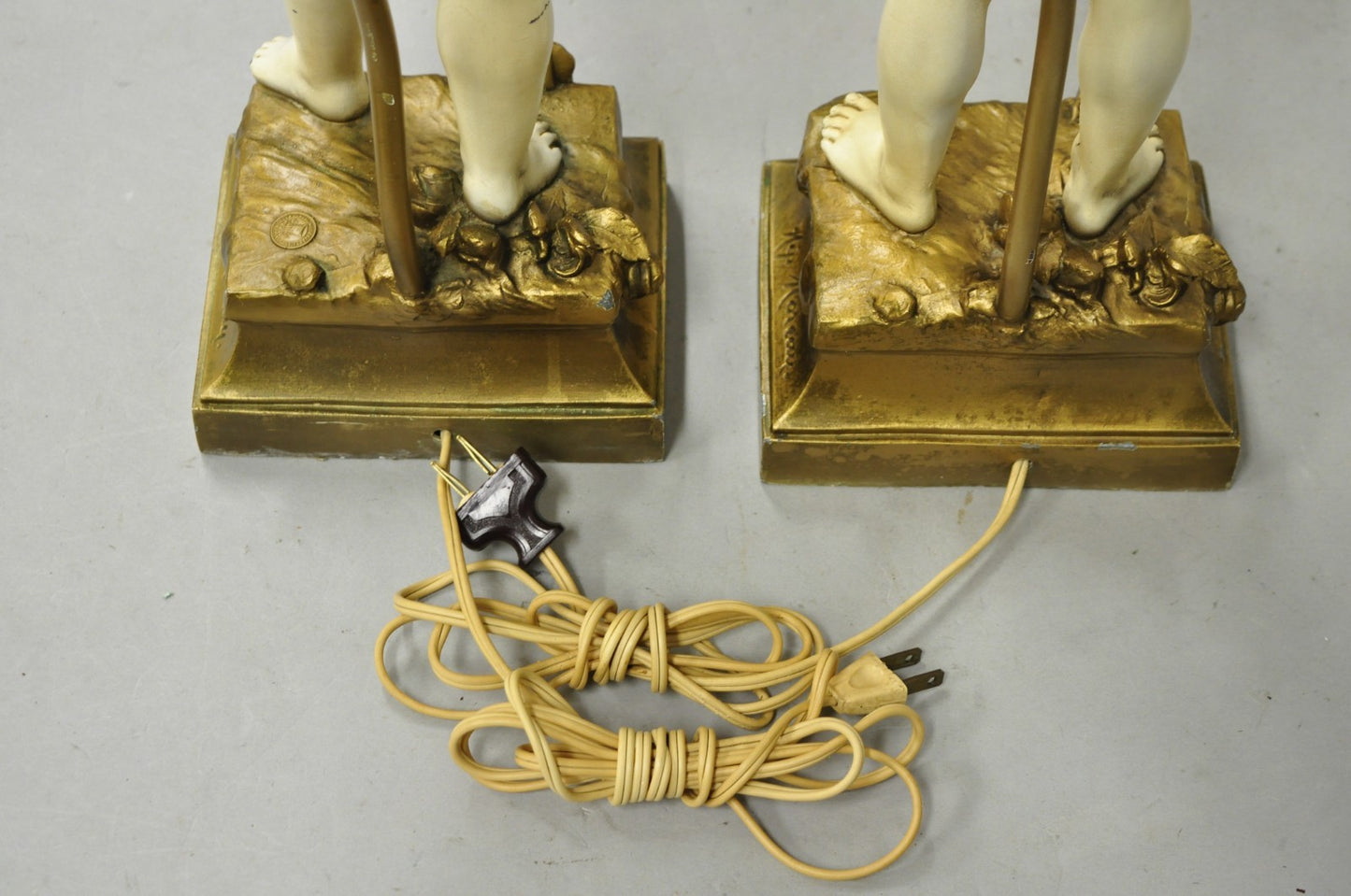 Antique French Moreau Figural Full Cherub Painted Metal Table Lamps - a Pair