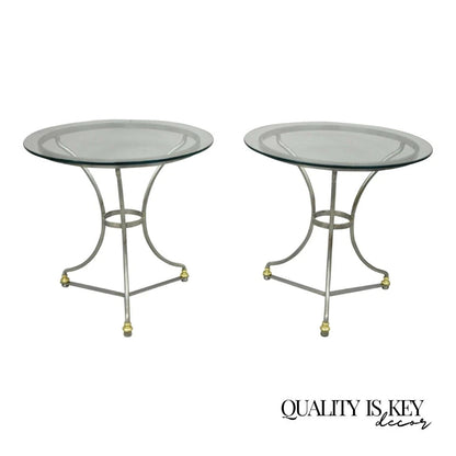 Italian Neoclassical Maison Jansen Style Steel & Brass Round End Tables - a Pair