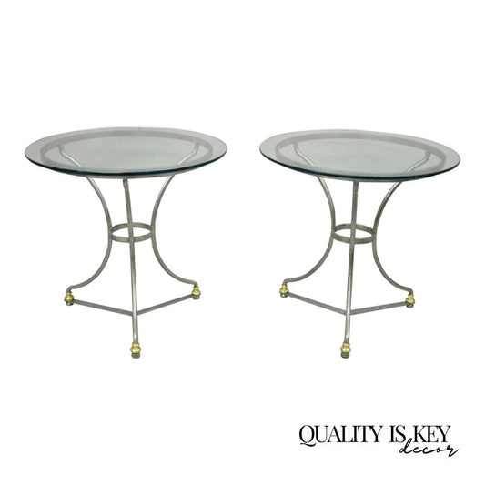 Italian Neoclassical Maison Jansen Style Steel & Brass Round End Tables - a Pair