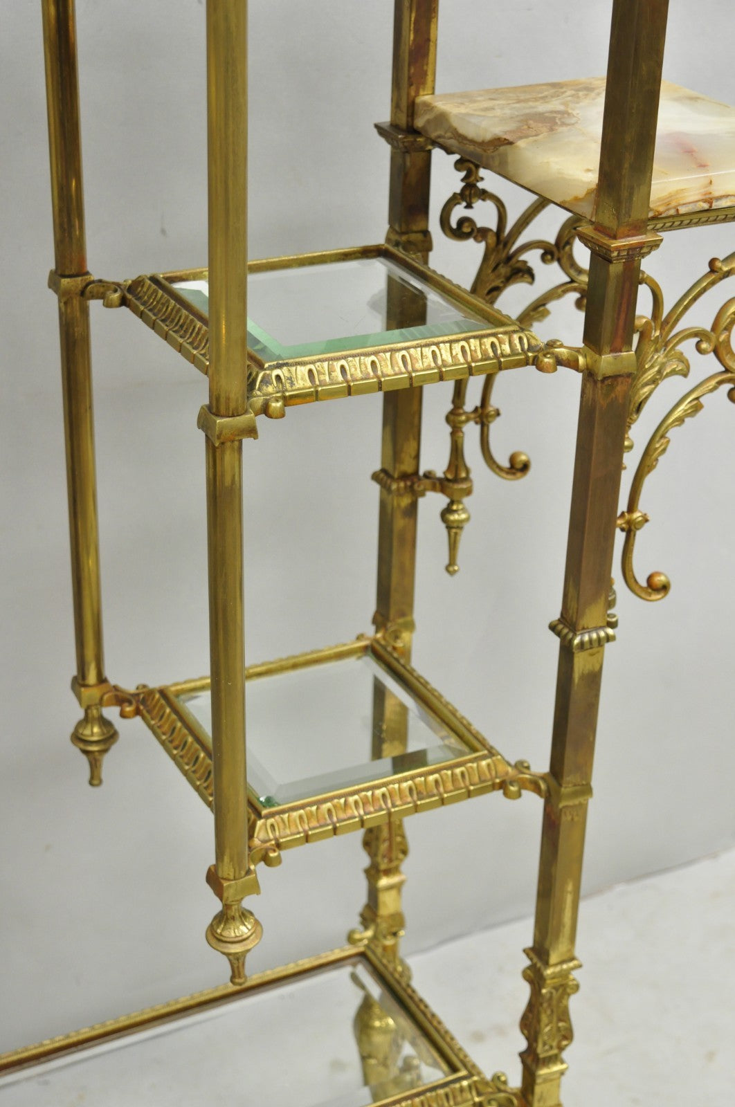 Antique Victorian Brass & Onyx Ornate Tiered Etagere Curio Display Stand Shelf