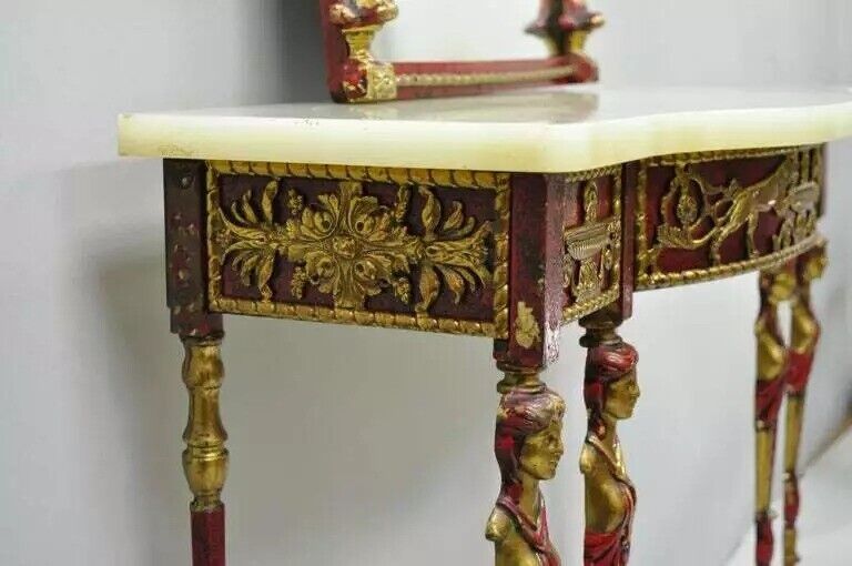 Oscar Bach Attr. Bronze and Onyx Top Iron Console Hall Table with Figural Mirror