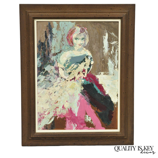 Vintage "Woman in Dress" Oil on Board Abstract Framed Painting, Signed