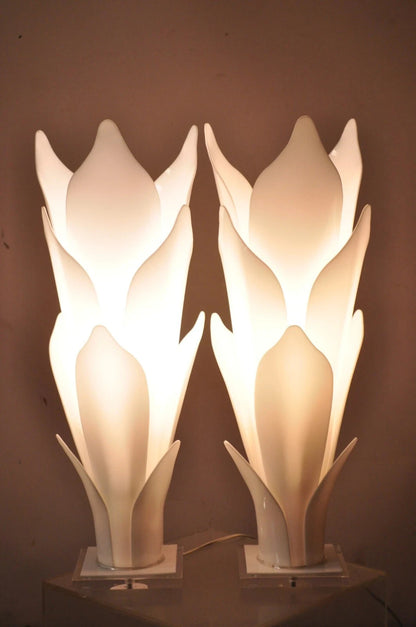 Rougier White Acrylic Lucite Tulip Flower Leaf Mid Century Table Lamps - a Pair
