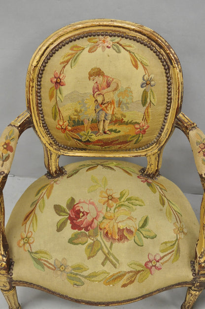 Antique French Louis XVI Style Aubusson Tapestry Fauteuil Arm Chairs - a Pair