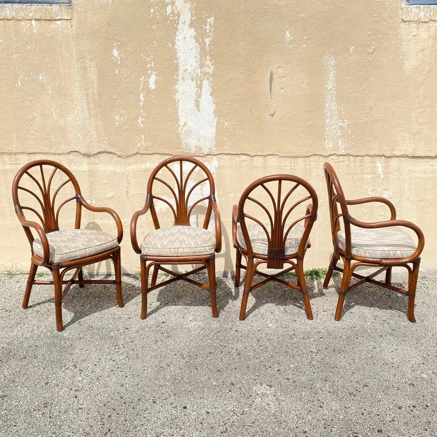 Vintage Hollywood Regency Bentwood Rattan Fan Back Dining Chairs - Set of 4