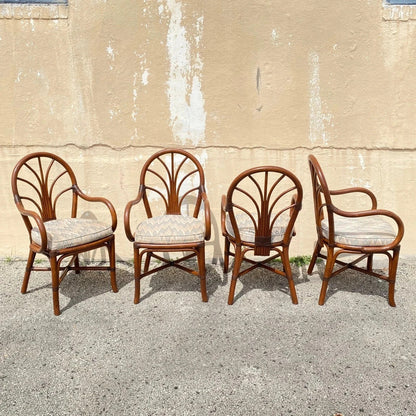 Vintage Hollywood Regency Bentwood Rattan Fan Back Dining Chairs - Set of 4