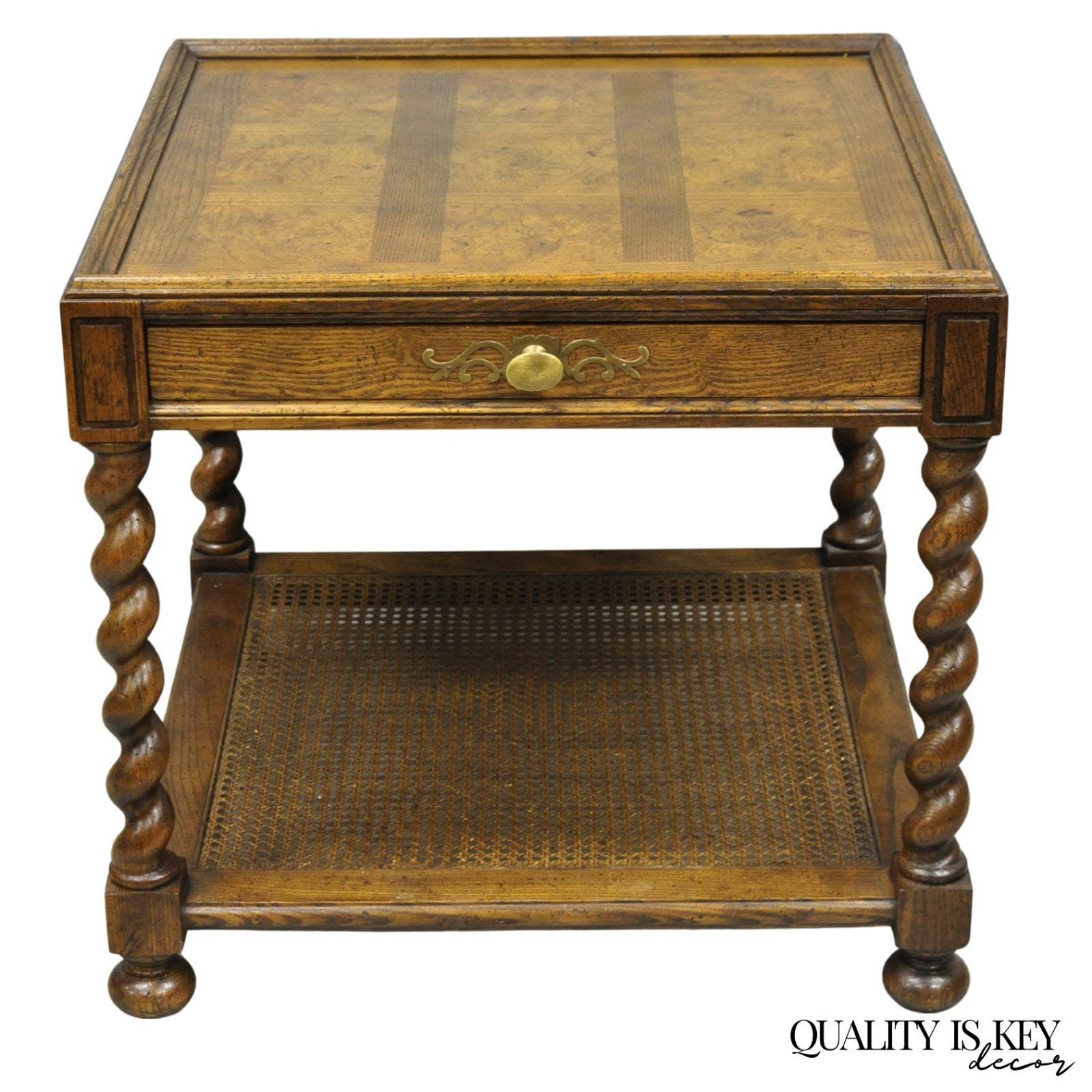 Vintage Baker Barley Twist Oak & Burlwood Parquetry Inlay Square Lamp Side Table