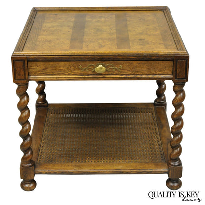 Vintage Baker Barley Twist Oak & Burlwood Parquetry Inlay Square Lamp Side Table