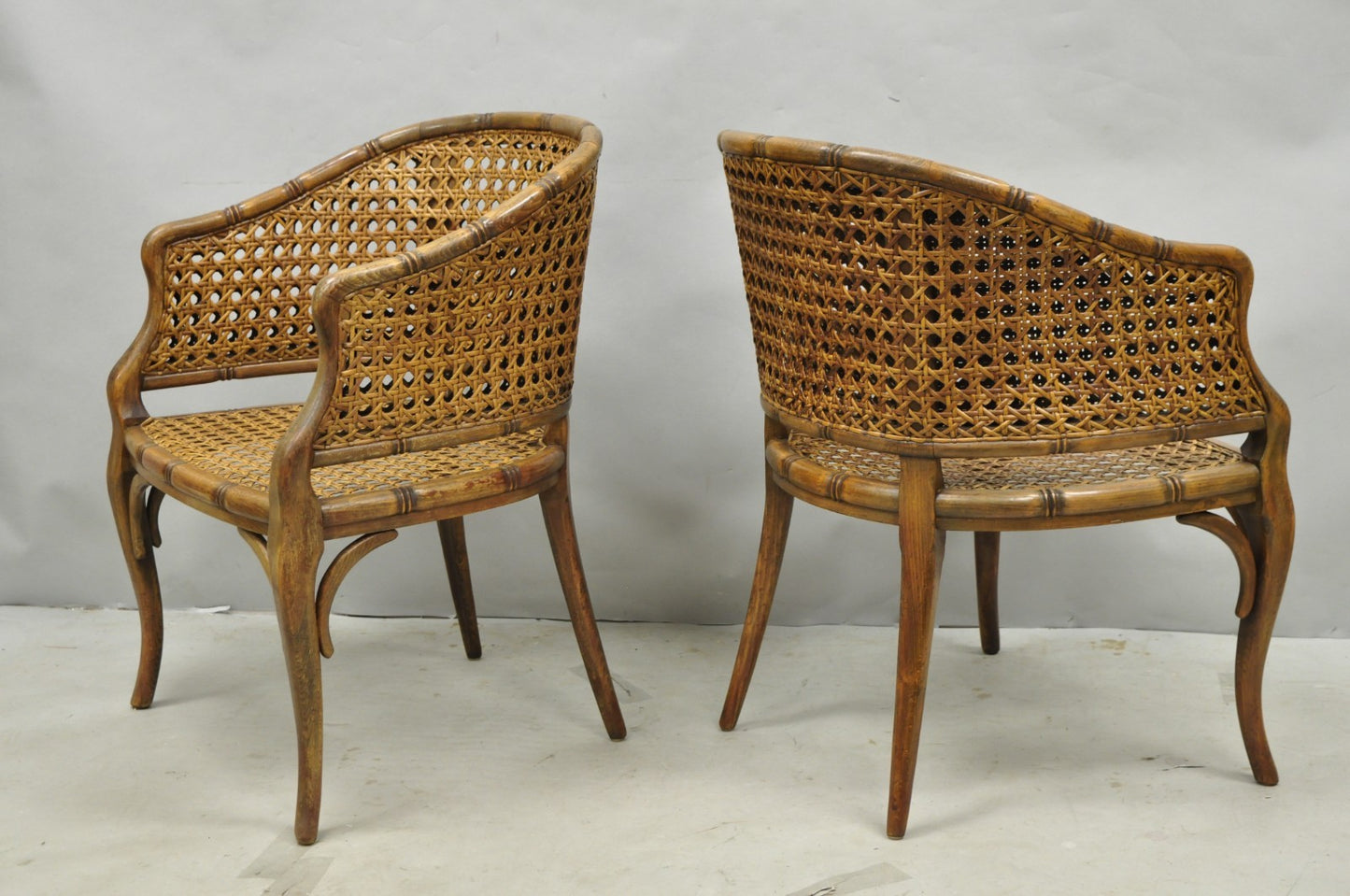 Vintage Hollywood Regency Faux Bamboo Wood & Cane Barrel Back Lounge Chair, Pair