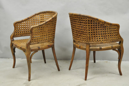 Vintage Hollywood Regency Faux Bamboo Wood & Cane Barrel Back Lounge Chair, Pair