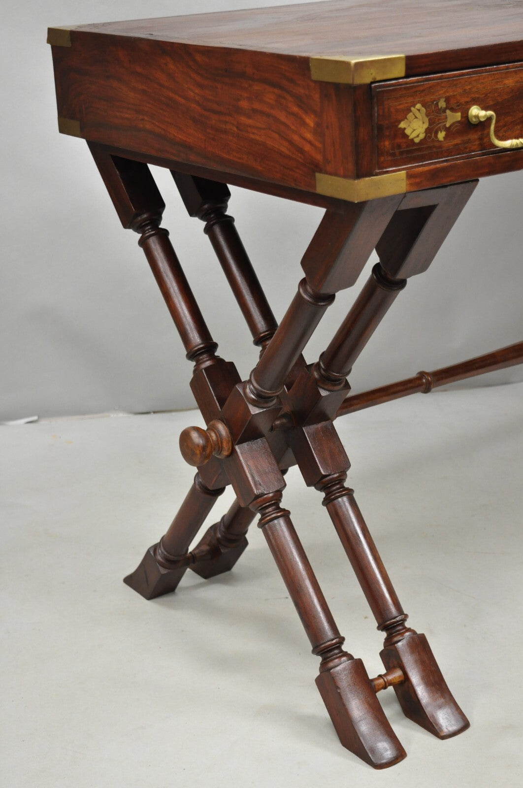 Vintage Anglo Indian Campaign Style Hardwood Curule Writing Desk w/ Brass Inlay
