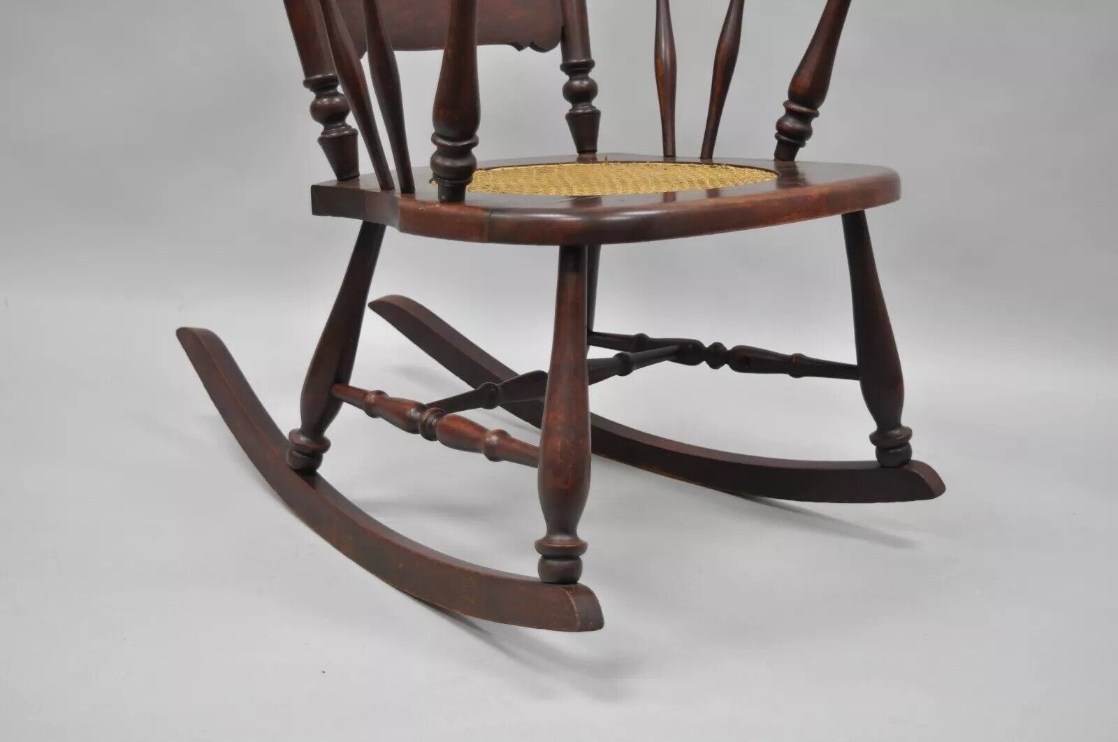 Antique Victorian Carved Mahogany Figural Eagle Cane Seat Rocker Rocking Chair